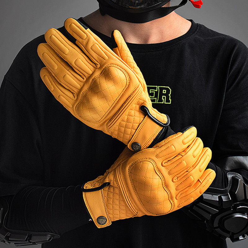 Motorcycle Gear Used - ถุงมือมอเตอร์ไซค์หนังสไตล์เรโทร สีเหลือง แบบเต็มนิ้ว สำหรับขับขี่มอเตอร์ไซค์ รองรับหน้าจอสัมผัส พร้อมอุปกรณ์ป้องกัน