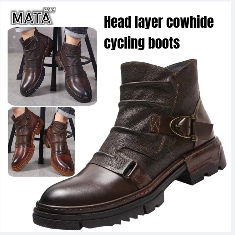 Motorcycle Gear Used - รองเท้าบูทหนังสไตล์เรโทรสำหรับผู้ชาย ทรงหัวมน สไตล์อังกฤษ รองเท้าหุ้มข้อสูง รองเท้าลำลองแบบมีพื้นหนา รองเท้าขี่มอเตอร์ไซค์แนวสตรีท